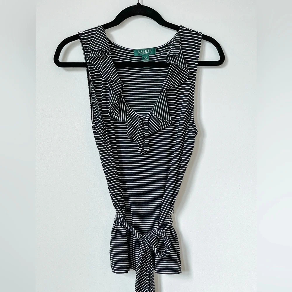 Lauren‎ Ralph Lauren Top Petite Large Sleeveless Stripe Tie Belt Cotton Modal